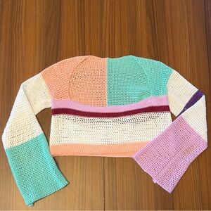 Colorblock Crochet Crop Sweater in Mint, Peach & Pink
